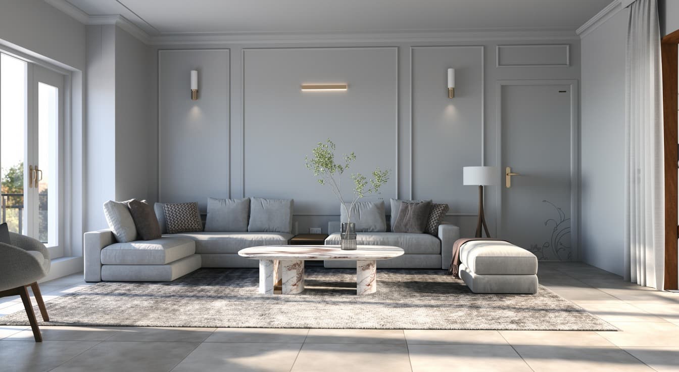 3D visualisation of the proposed living room, with a grey sectional sofa and marble coffee table
